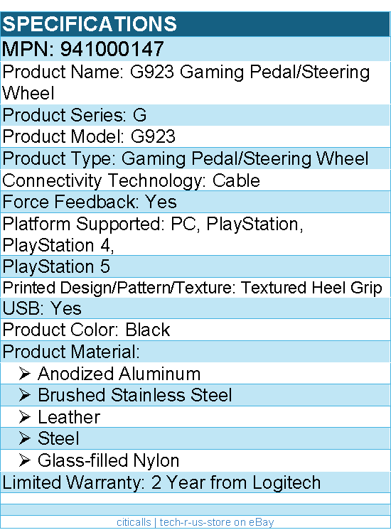 Logitech 941000147 G923 Gaming Pedal/Steering Wheel - Cable - USB - Black