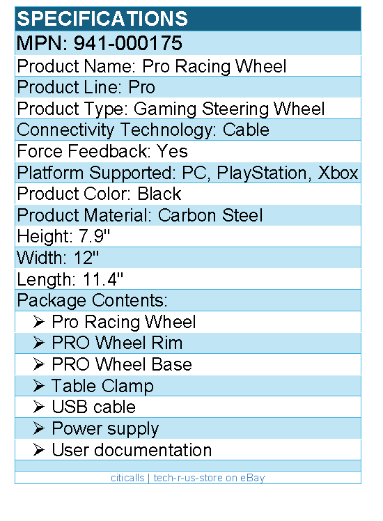 Logitech G 941-000175 Pro Racing Wheel - Cable - USB - PC, PlayStation