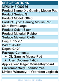 Logitech G 943-000776 G840 XL Gaming Mouse Pad - Rubber - Black