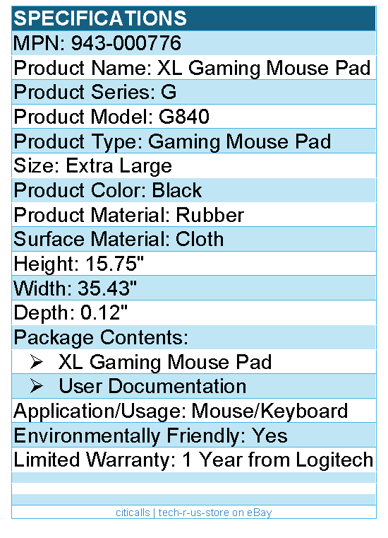 Logitech G 943-000776 G840 XL Gaming Mouse Pad - Rubber - Black