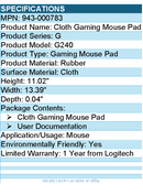 Logitech G 943-000783 Cloth Gaming Mouse Pad - Rubber, Cloth