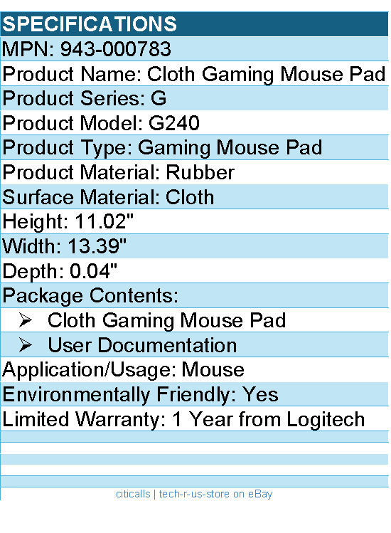 Logitech G 943-000783 Cloth Gaming Mouse Pad - Rubber, Cloth