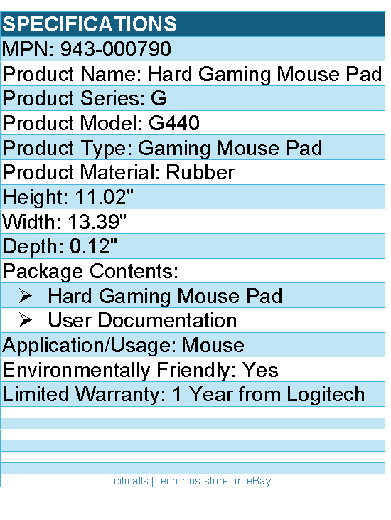 Logitech G 943-000790 G440 Hard Gaming Mouse Pad - Rubber
