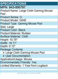 Logitech G 943-000797 Large Cloth Gaming Mouse Pad - Rubber - Black