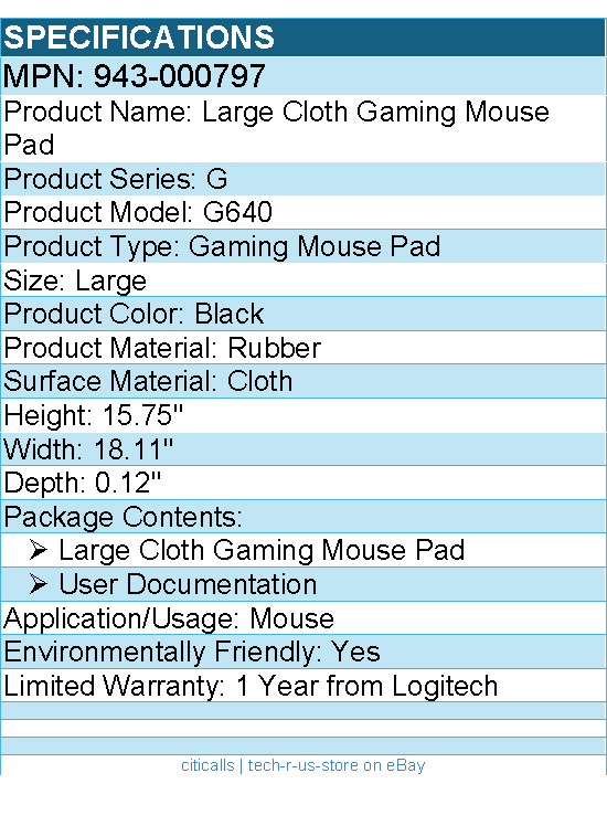 Logitech G 943-000797 Large Cloth Gaming Mouse Pad - Rubber - Black