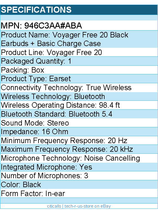 HP Poly 946C3AA#ABA Voyager Free 20 Black Earbuds + Basic Charge Case