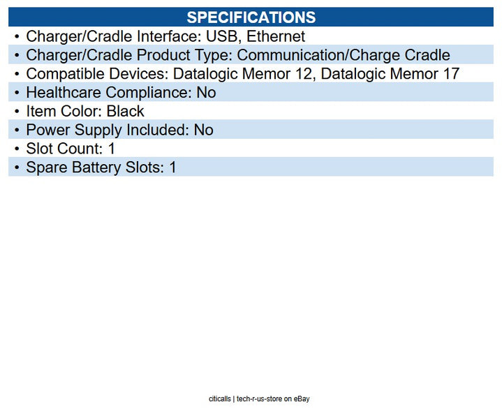 Datalogic 94A150123 Single Slot Dock Charging/Data (Ethernet+USB C) w/Spare Batt