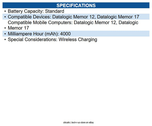 Datalogic 94ACC0410 Battery, Standard+Wireless charging 4000 mAh for Memor 12-17