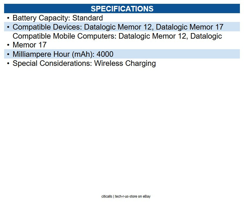 Datalogic 94ACC0410 Battery, Standard+Wireless charging 4000 mAh for Memor 12-17