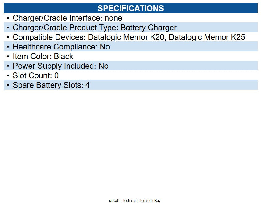 Datalogic 94ACC0419 4-Slot Multi-battery Charger requires Power supply 94ACC0197