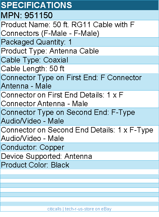 Wilson 951150 50 ft. RG11 Cable with F Connectors (F-Male - F-Male)