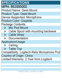 Logitech 952000002 Rally Mic Pod Table Mount - Graphite