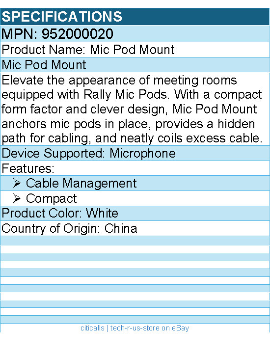 Logitech 952000020 Rally Mic Pod Mount - Compact - White
