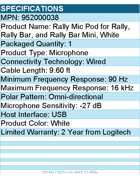 Logitech 952000038 Rally Mic Pod for Rally, Rally Bar, and Rally Bar Mini, White