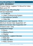 Logitech 952000041 TV Mount for Video Bars up to 75" - 150 lb Load Capacity