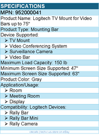 Logitech 952000041 TV Mount for Video Bars up to 75" - 150 lb Load Capacity