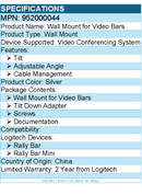 Logitech 952-000044 Rally Wall Mount - Silver for Video Bars