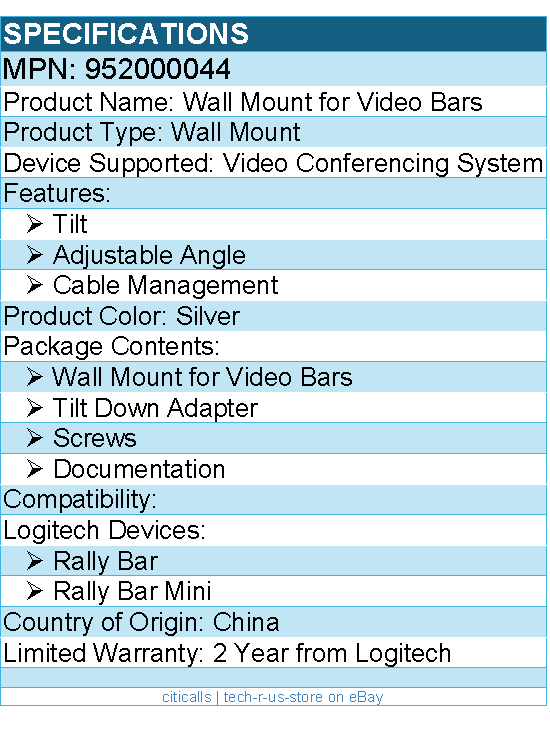 Logitech 952-000044 Rally Wall Mount - Silver for Video Bars