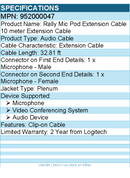 Logitech 952000047 Rally Mic Pod Extension Cable, 33 ft, White