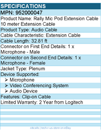 Logitech 952000047 Rally Mic Pod Extension Cable, 33 ft, White