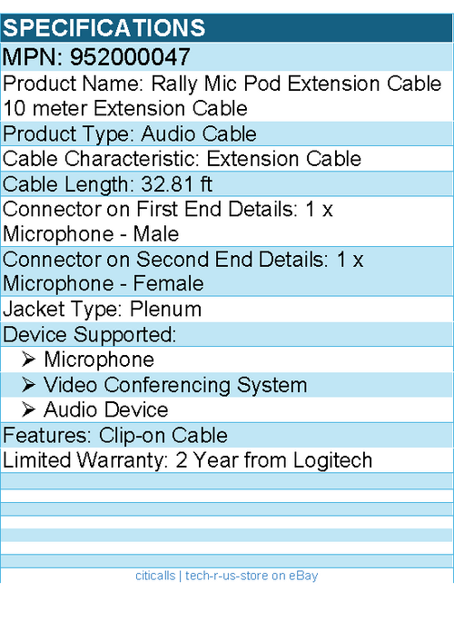 Logitech 952000047 Rally Mic Pod Extension Cable, 33 ft, White