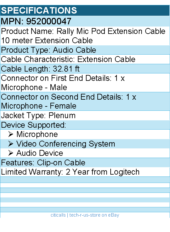 Logitech 952000047 Rally Mic Pod Extension Cable, 33 ft, White