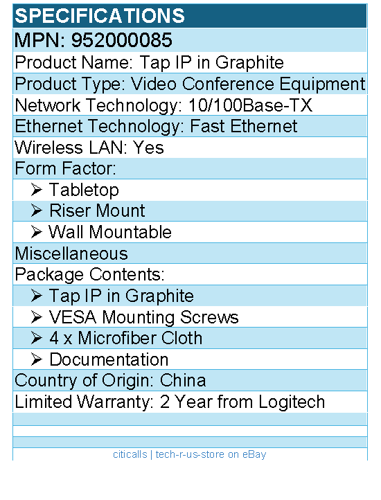 Logitech 952000085 Tap IP - Graphite - Fast Ethernet - Wireless LAN