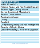 Logitech 952000123 Rally Mic Pod Pendant Mount - Ceiling Mount