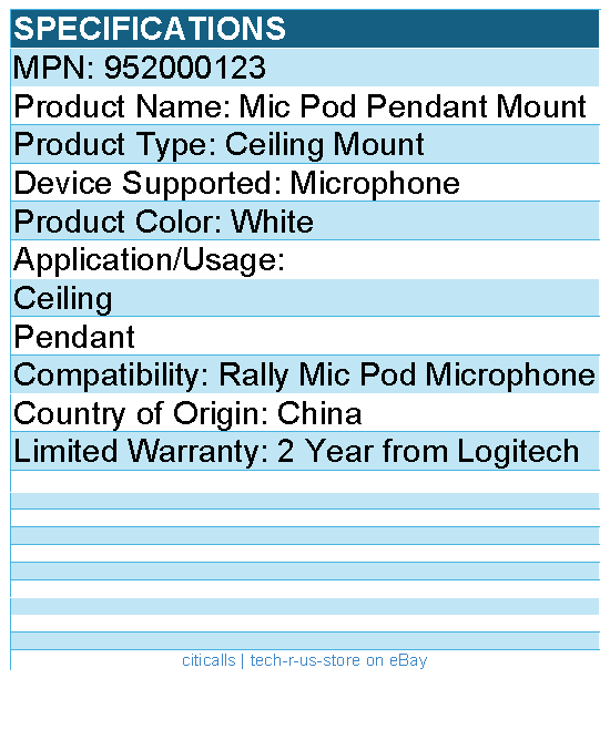 Logitech 952000123 Rally Mic Pod Pendant Mount - Ceiling Mount