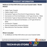 WeBoost 952310 10 ft Coaxial Cable 400 Ultra-Low-Loss N-Male Copper for Rotator