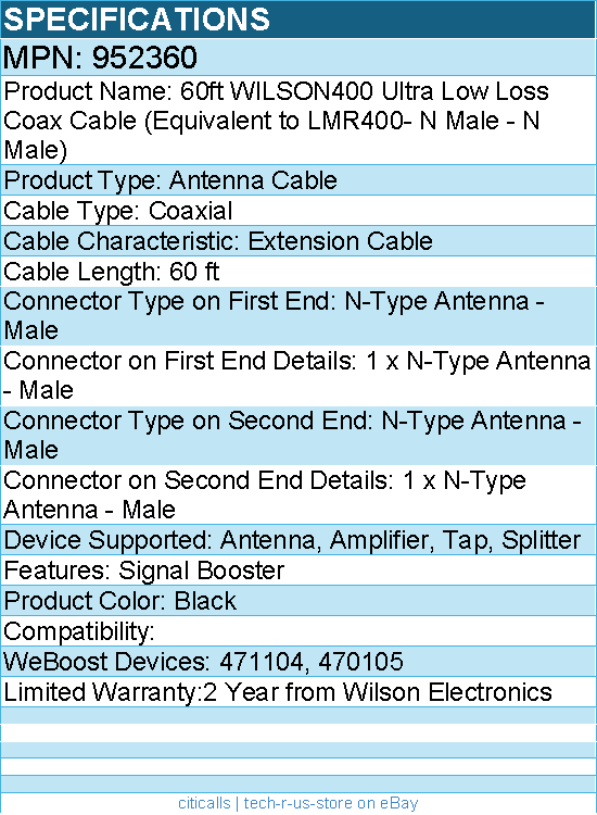 Wilson 952360 60ft WILSON400 Ultra Low Loss Coax Cable - Antenna Cable