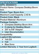 Logitech G 955000074 Compass Desktop Boom Arm - Aluminum - Black