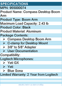 Logitech G 955000074 Compass Desktop Boom Arm - Aluminum - Black