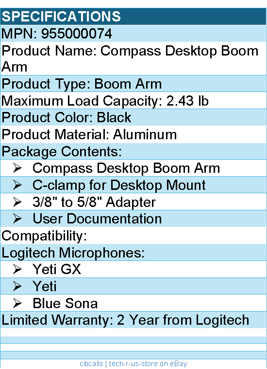 Logitech G 955000074 Compass Desktop Boom Arm - Aluminum - Black