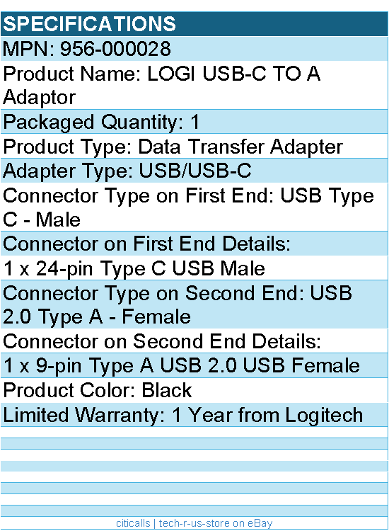 Logitech 956-000028 LOGI USB-C TO A Adaptor - Data Transfer Adapter - Black