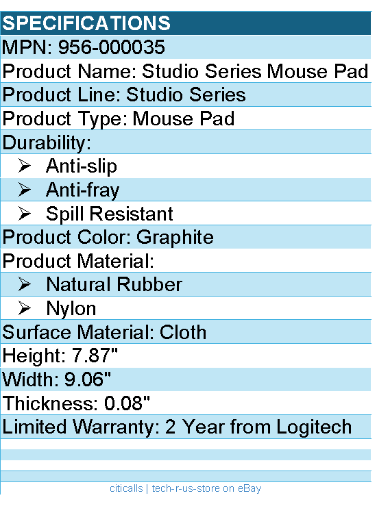 Logitech 956-000035 Studio Series Mouse Pad - Anti-slip - Graphite
