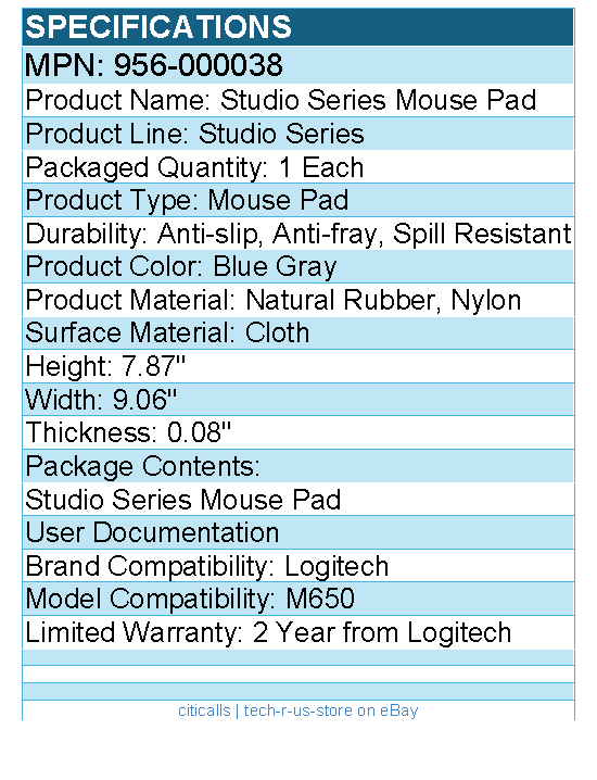 Logitech 956-000038 Studio Series Mouse Pad - Anti-slip - Blue Gray