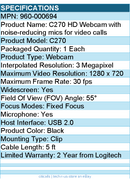 Logitech 960-000694 C270 HD Webcam with noise-reducing mics for video calls