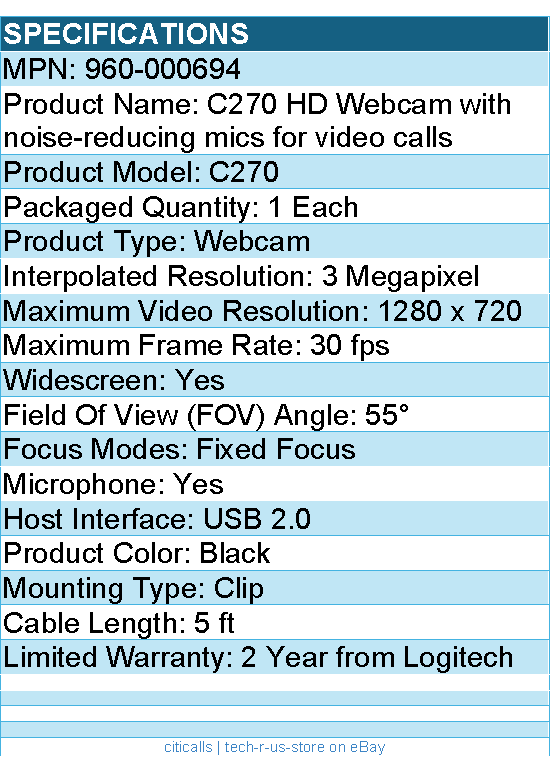 Logitech 960-000694 C270 HD Webcam with noise-reducing mics for video calls