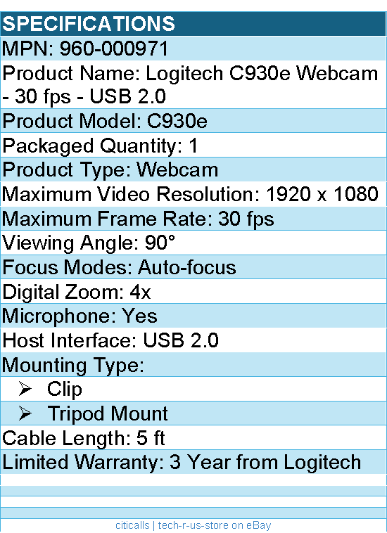 Logitech 960-000971 C930e Business Webcam - 30 fps - USB 2.0