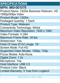 Logitech 960-001075 C925e Business Webcam, HD 1080p/30fps Video