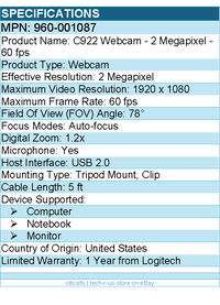 Logitech 960-001087 C922 Webcam - 2 Megapixel - 60 fps - USB 2.0
