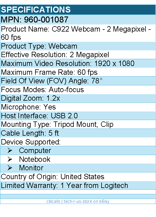 Logitech 960-001087 C922 Webcam - 2 Megapixel - 60 fps - USB 2.0