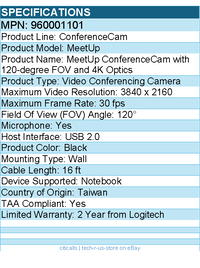 Logitech 960001101 MeetUp All-in-One Ultra HD 4K Conference Camera