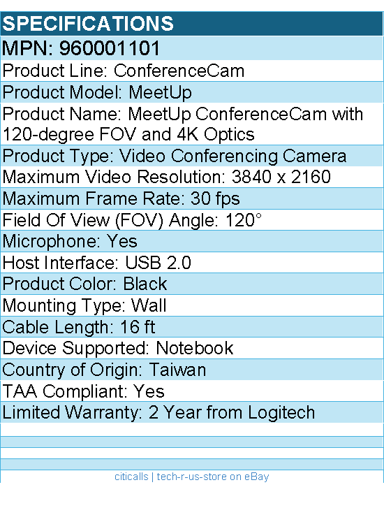 Logitech 960001101 MeetUp All-in-One Ultra HD 4K Conference Camera