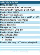 Logitech 960001105 Brio 4K Webcam for Business, biometrics login