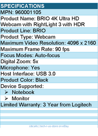 Logitech 960001105 Brio 4K Webcam for Business, biometrics login