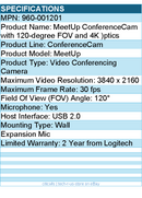 Logitech 960-001201 MeetUp and Expansion Mic, Video & Audio Conferencing System