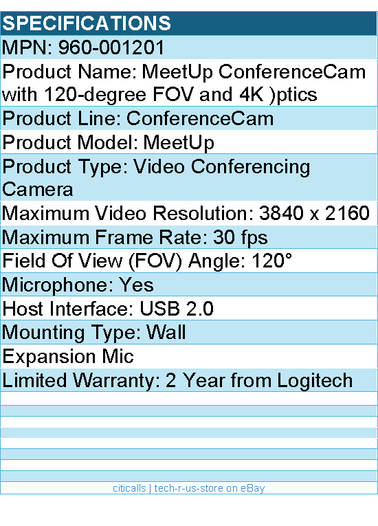 Logitech 960-001201 MeetUp and Expansion Mic, Video & Audio Conferencing System