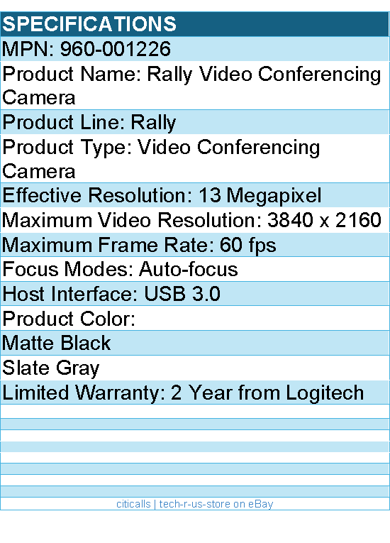 Logitech 960-001226 Rally Ultra HD PTZ Camera for Meeting Rooms